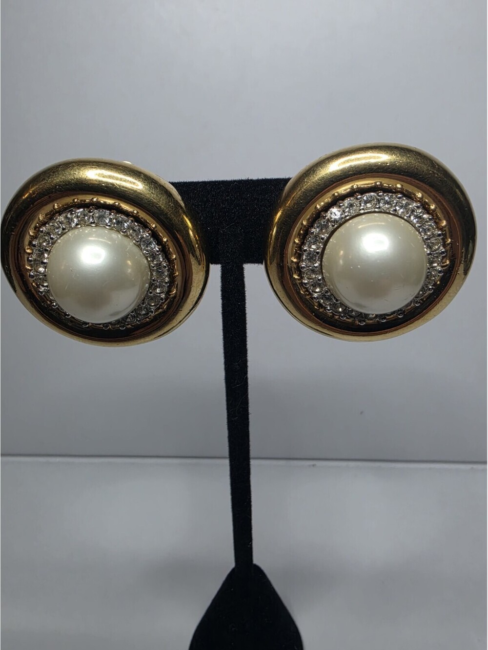 Vintage CINER Gold Tone Faux Pearl Cabochon Clear Rhinestone Clip On Earrings